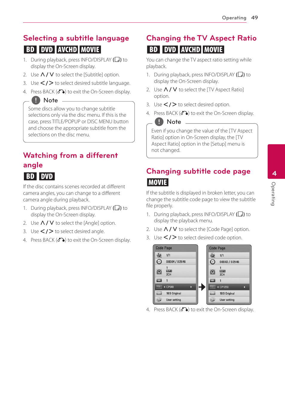 Selecting a subtitle language, Watching from a different angle, Changing the tv aspect ratio | Selecting a subtitle language eroy, Watching from a different angle er, Changing the tv aspect ratio eroy, Changing subtitle code page y | LG HB906TA User Manual | Page 49 / 72