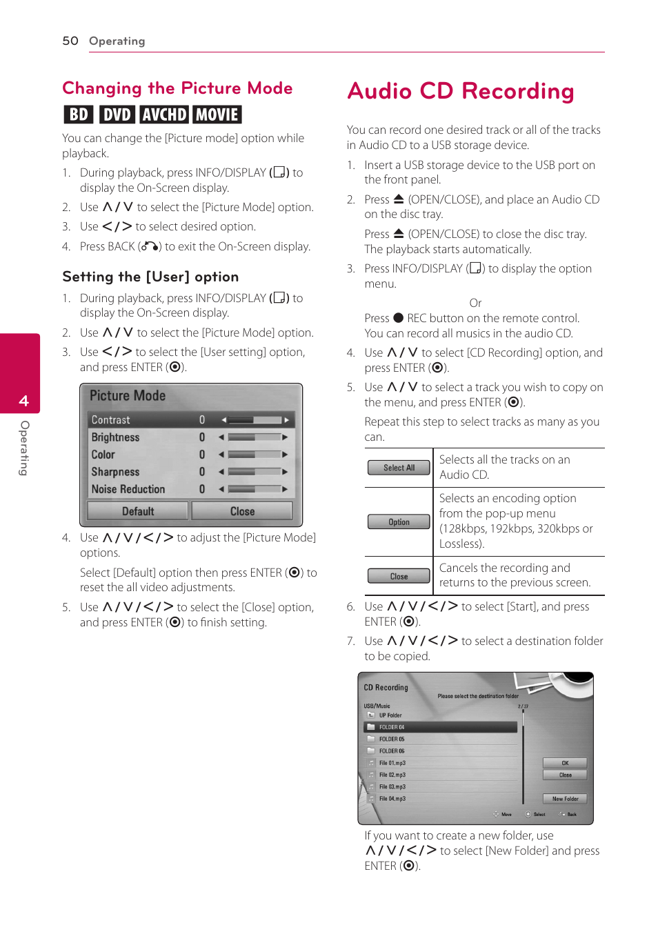 Changing the picture mode, Audio cd recording, Changing the picture mode eroy | LG HB906TA User Manual | Page 50 / 72