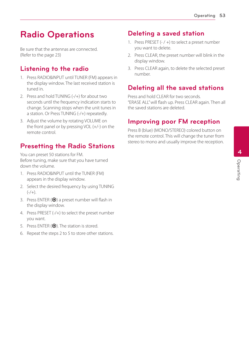 Radio operations, Listening to the radio, Presetting the radio stations | Deleting a saved station, Deleting all the saved stations, Improving poor fm reception | LG HB906TA User Manual | Page 53 / 72