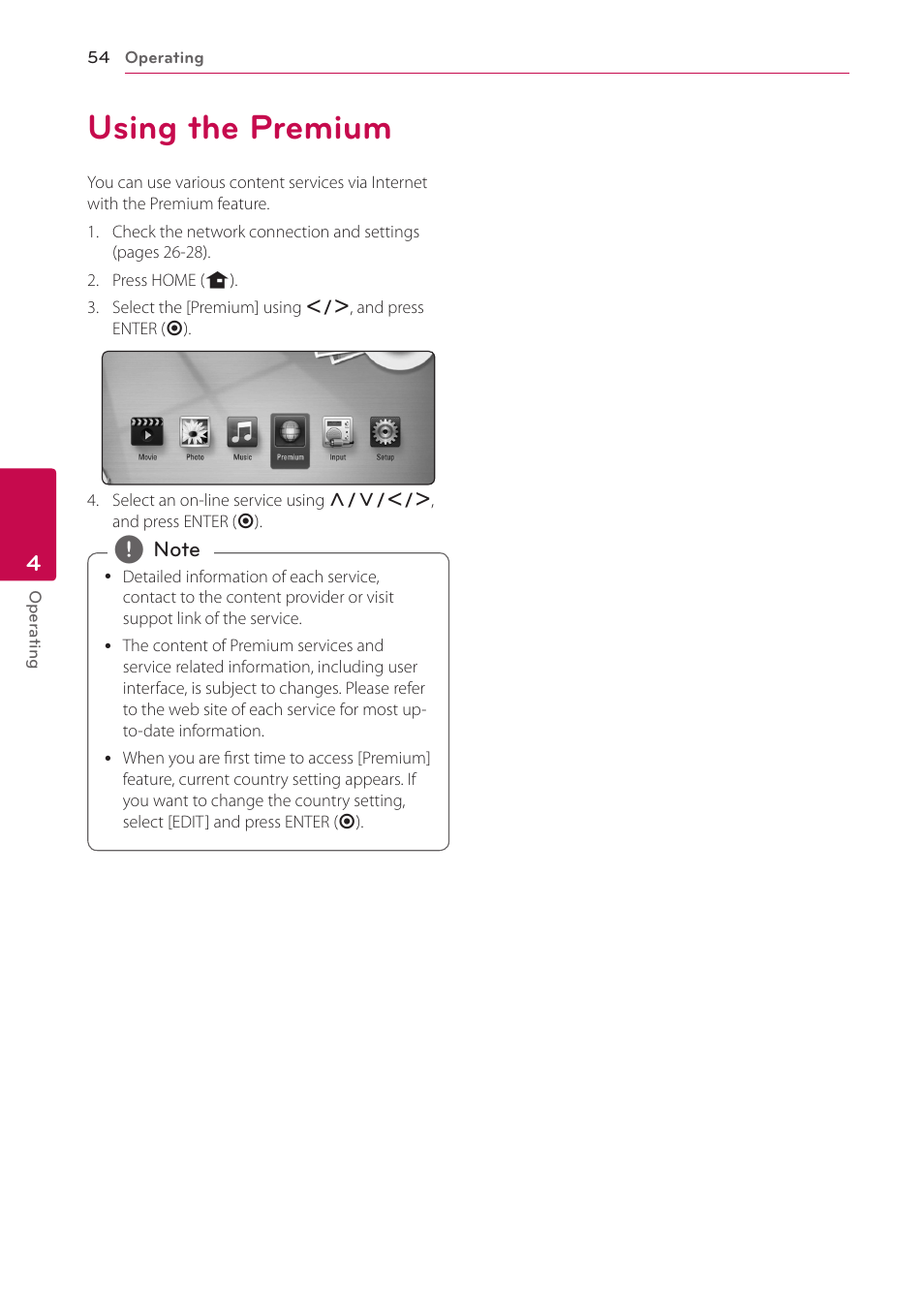 Using the premium, 54 using the premium | LG HB906TA User Manual | Page 54 / 72