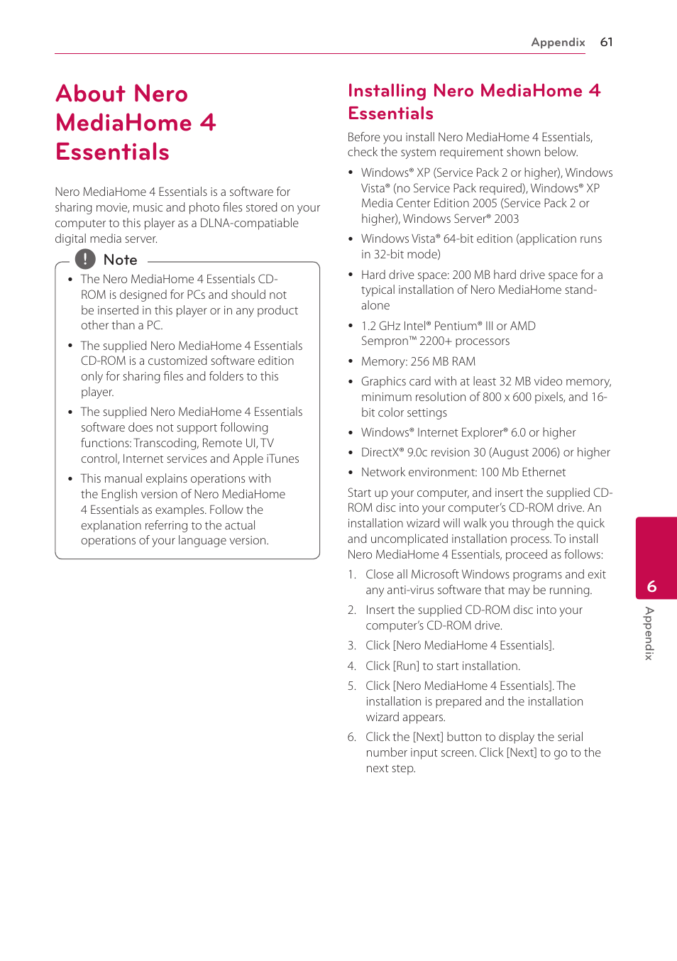 About nero mediahome 4 essentials, Installing nero mediahome 4 essentials | LG HB906TA User Manual | Page 61 / 72