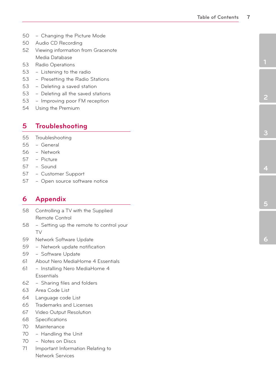 5 troubleshooting, 6 appendix | LG HB906TA User Manual | Page 7 / 72