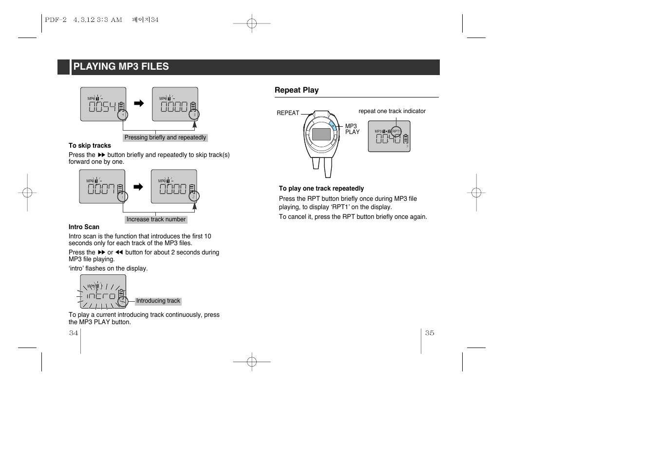 Playing mp3 files, Repeat play | LG MF-PD330 User Manual | Page 18 / 20