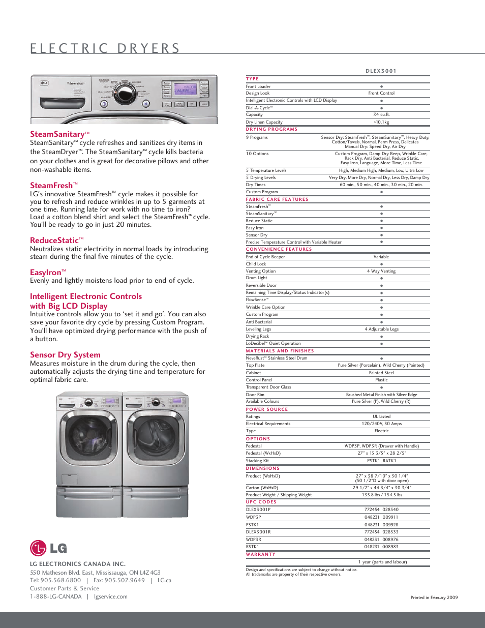 Steamsanitary, Steamfresh, Reducestatic | Easyiron, Sensor dry system, Lg's innovative steamfresh, Cycle. you'll be ready to go in just 20 minutes | LG DLEX3001 User Manual | Page 2 / 2