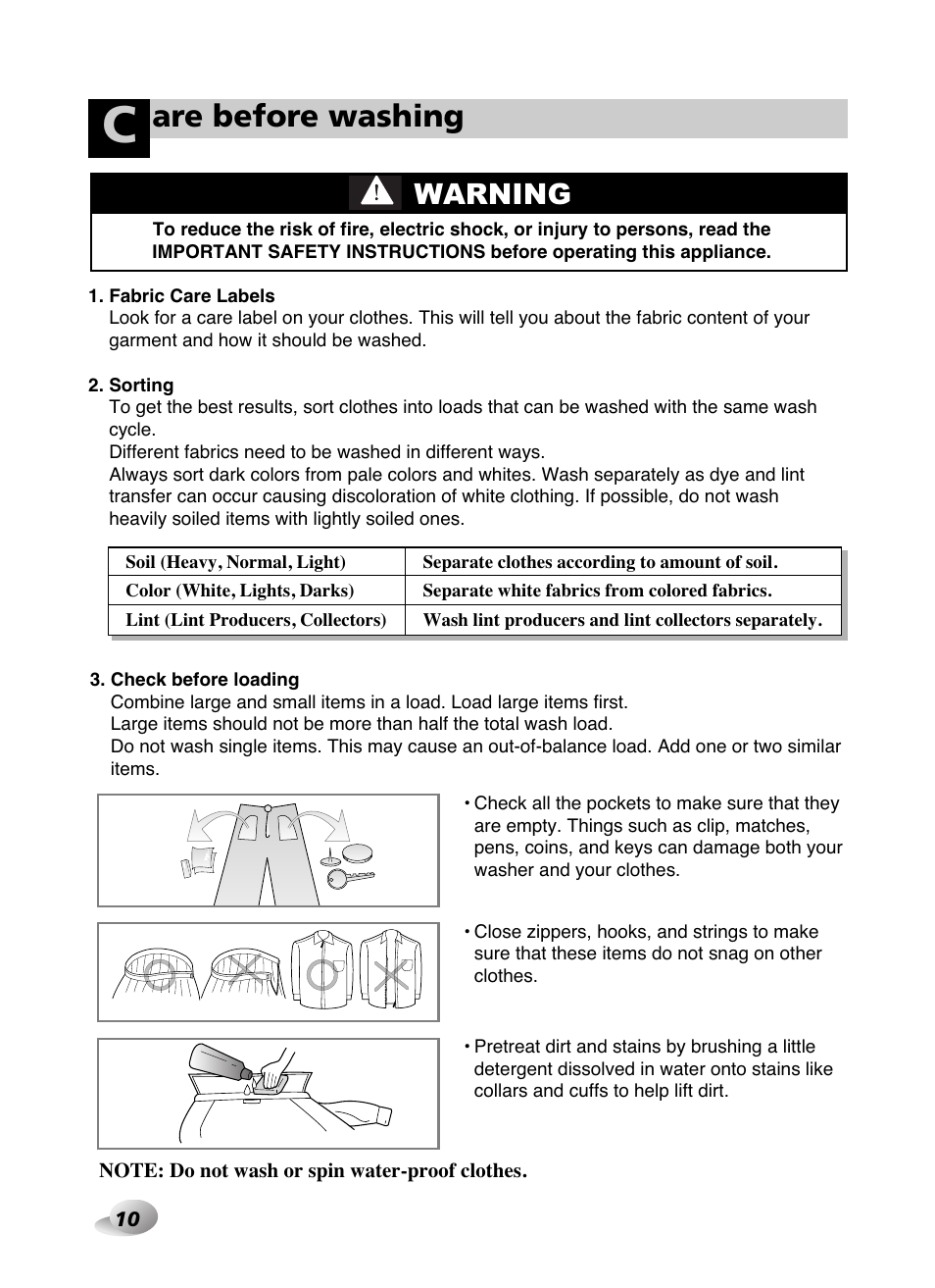 Are before washing, Warning | LG WD-10587BD User Manual | Page 10 / 48