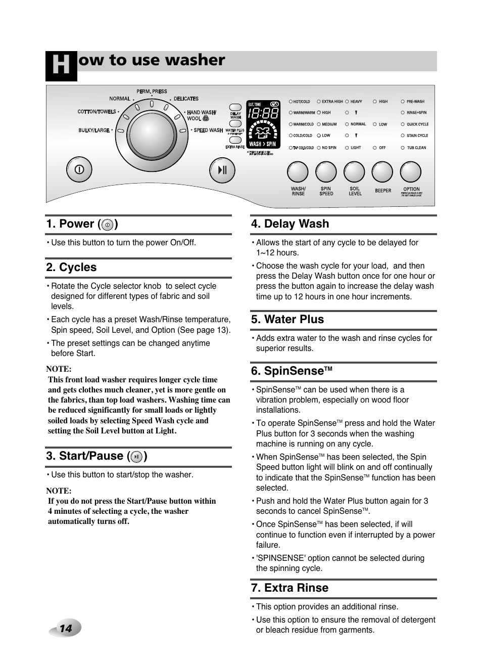 Ow to use washer, Power ( ), Delay wash | Water plus, Spinsense, Extra rinse, Cycles, Start/pause ( ) | LG WD-10587BD User Manual | Page 14 / 48