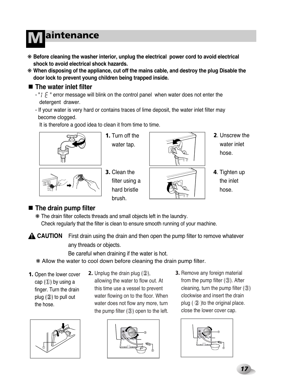 Aintenance, The water inlet filter, The drain pump filter | LG WD-10587BD User Manual | Page 17 / 48