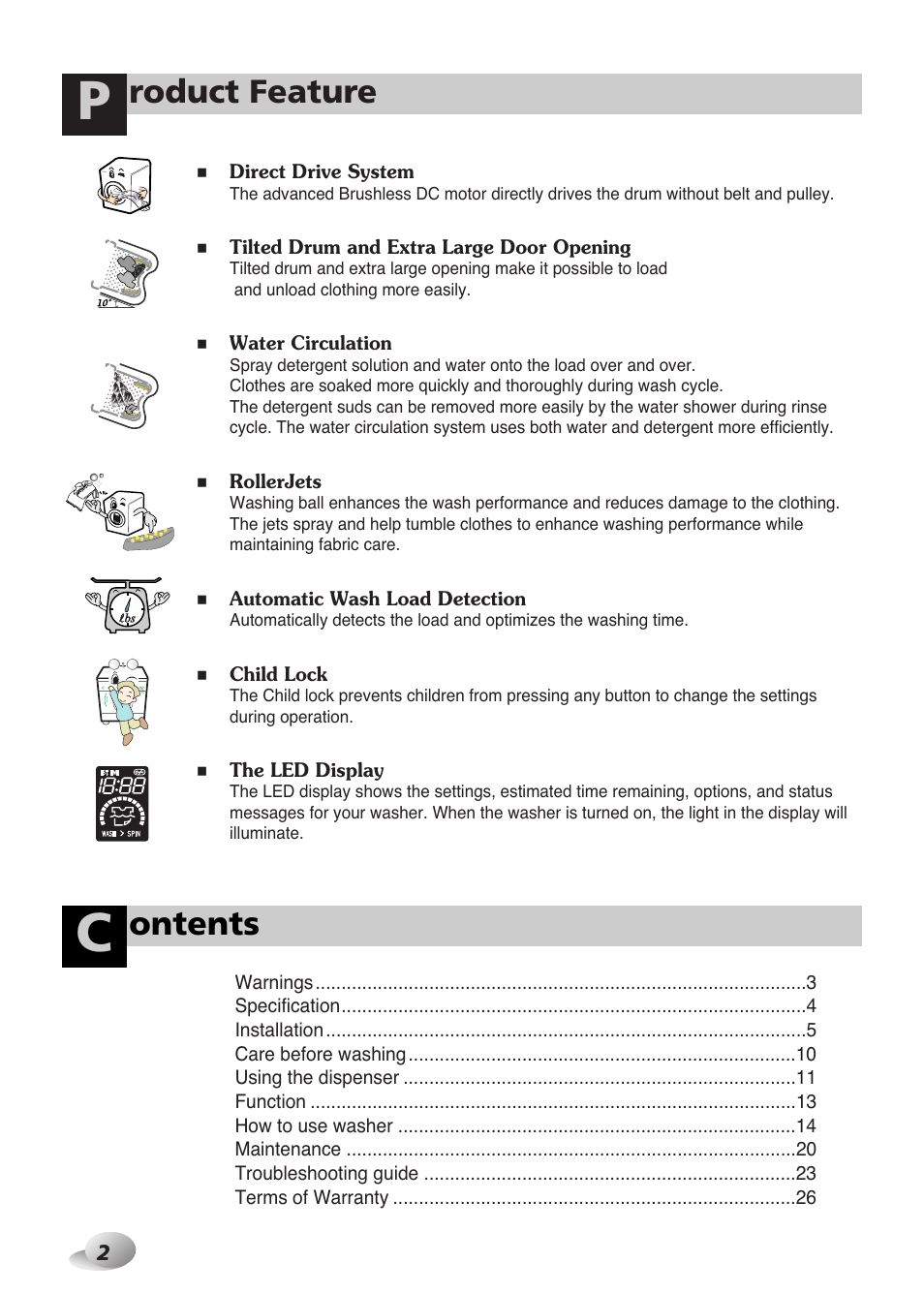 Roduct feature, Ontents | LG WD-10587BD User Manual | Page 2 / 48