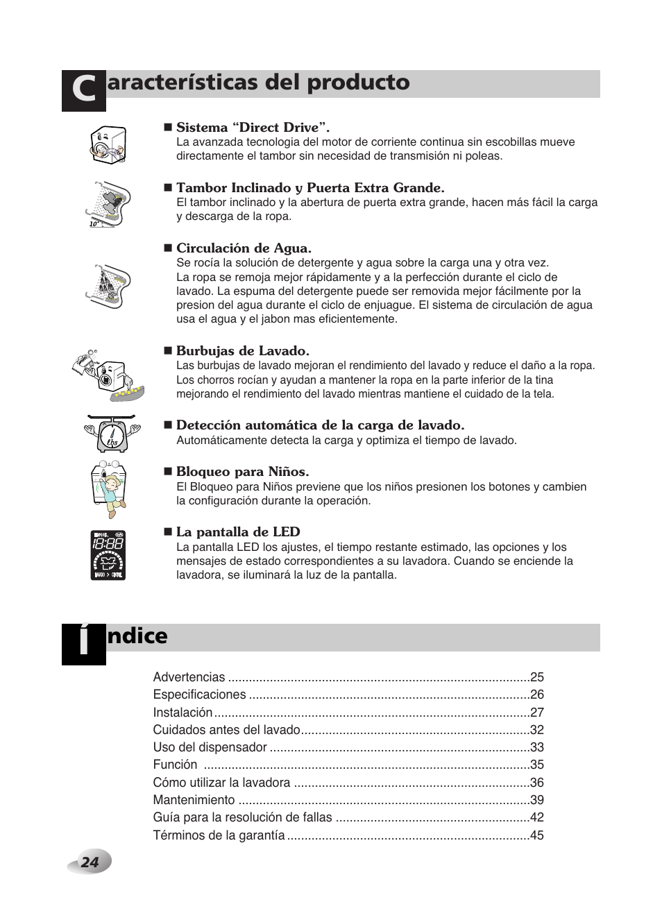 Aracterísticas del producto, Ndice | LG WD-10587BD User Manual | Page 24 / 48