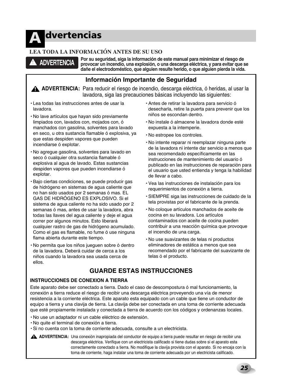 Dvertencias, Advertencia, Información importante de seguridad | Guarde estas instrucciones | LG WD-10587BD User Manual | Page 25 / 48