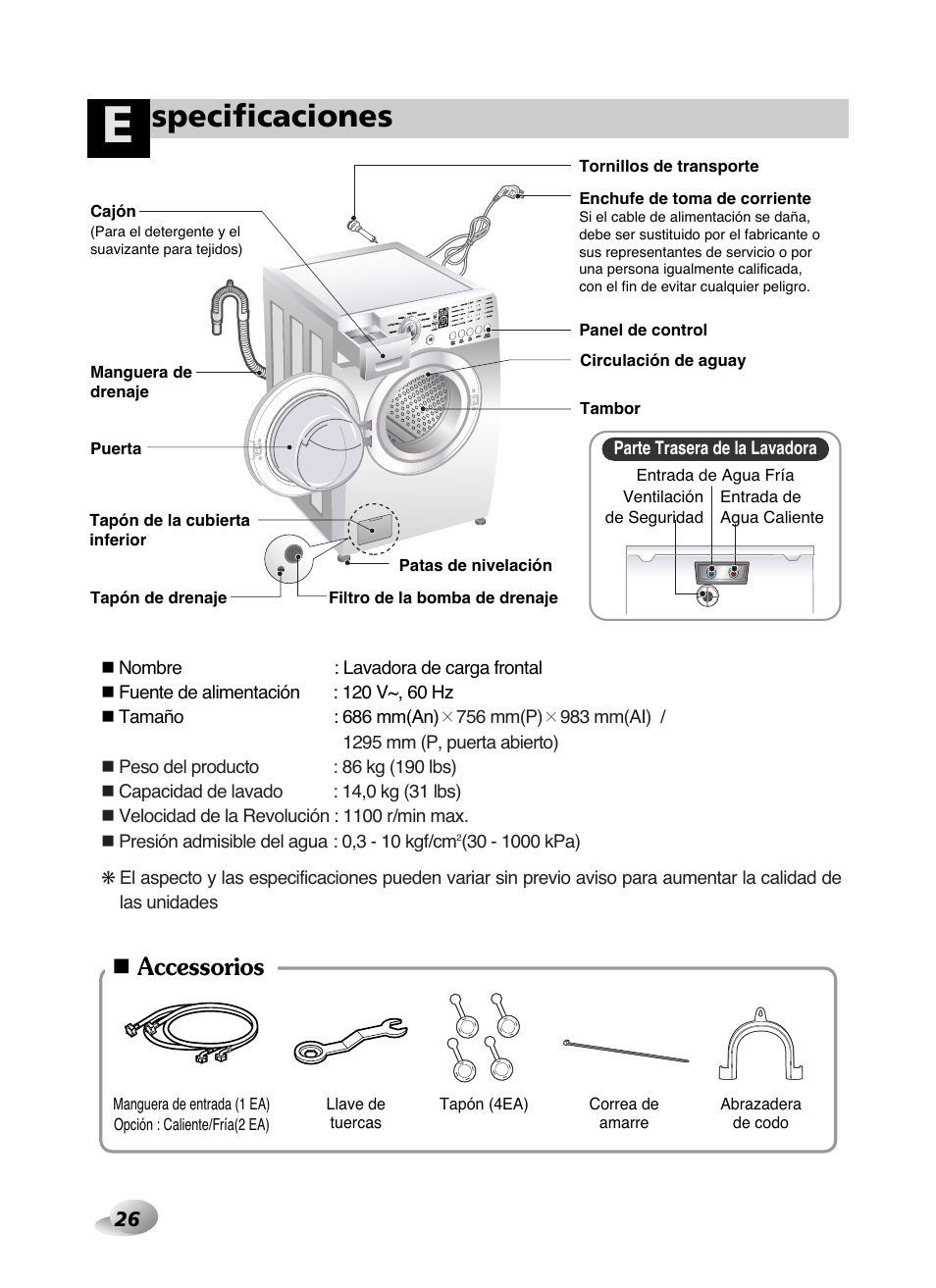 Specificaciones, Accessorios | LG WD-10587BD User Manual | Page 26 / 48