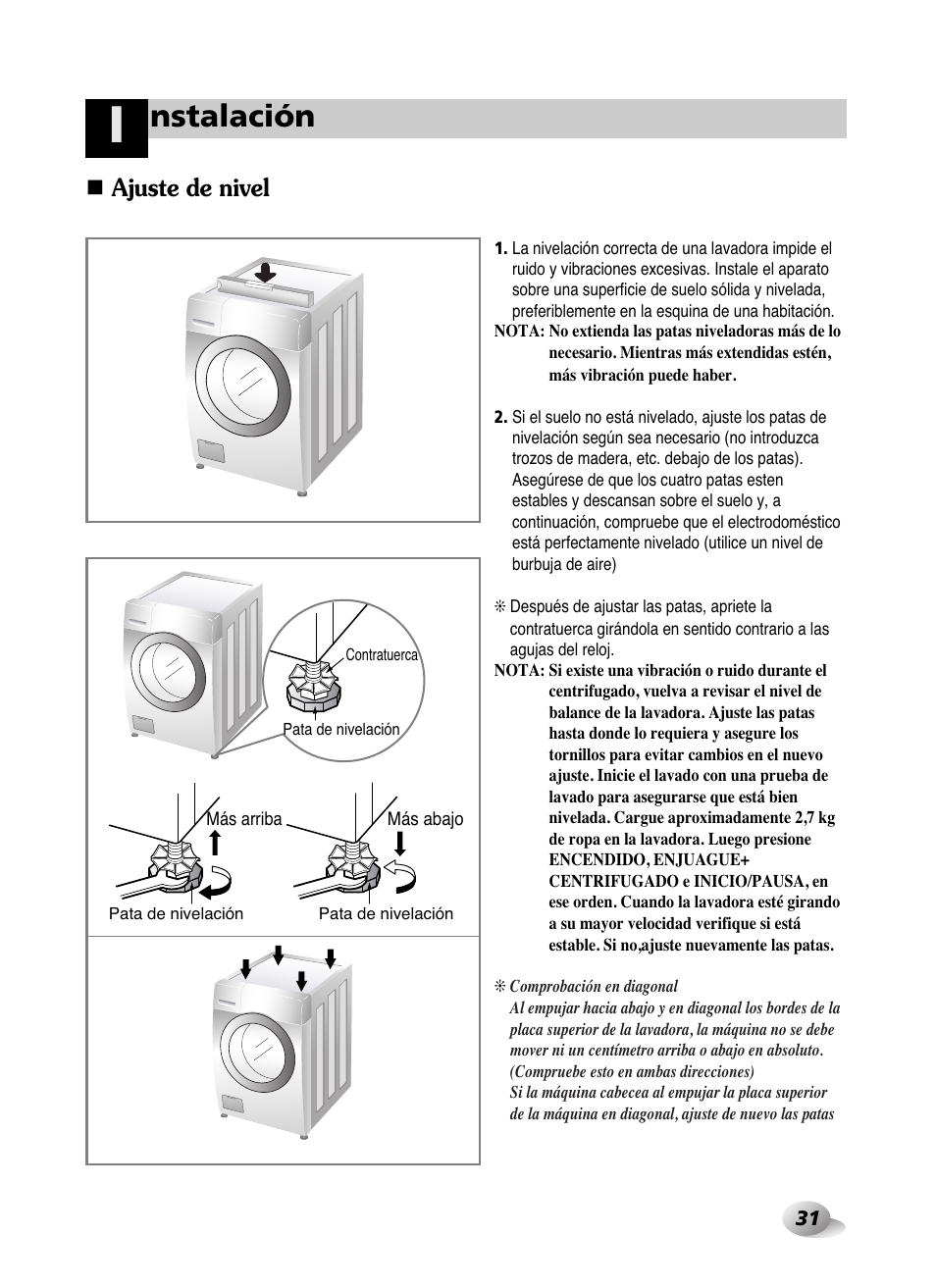 Nstalación, Ajuste de nivel | LG WD-10587BD User Manual | Page 31 / 48