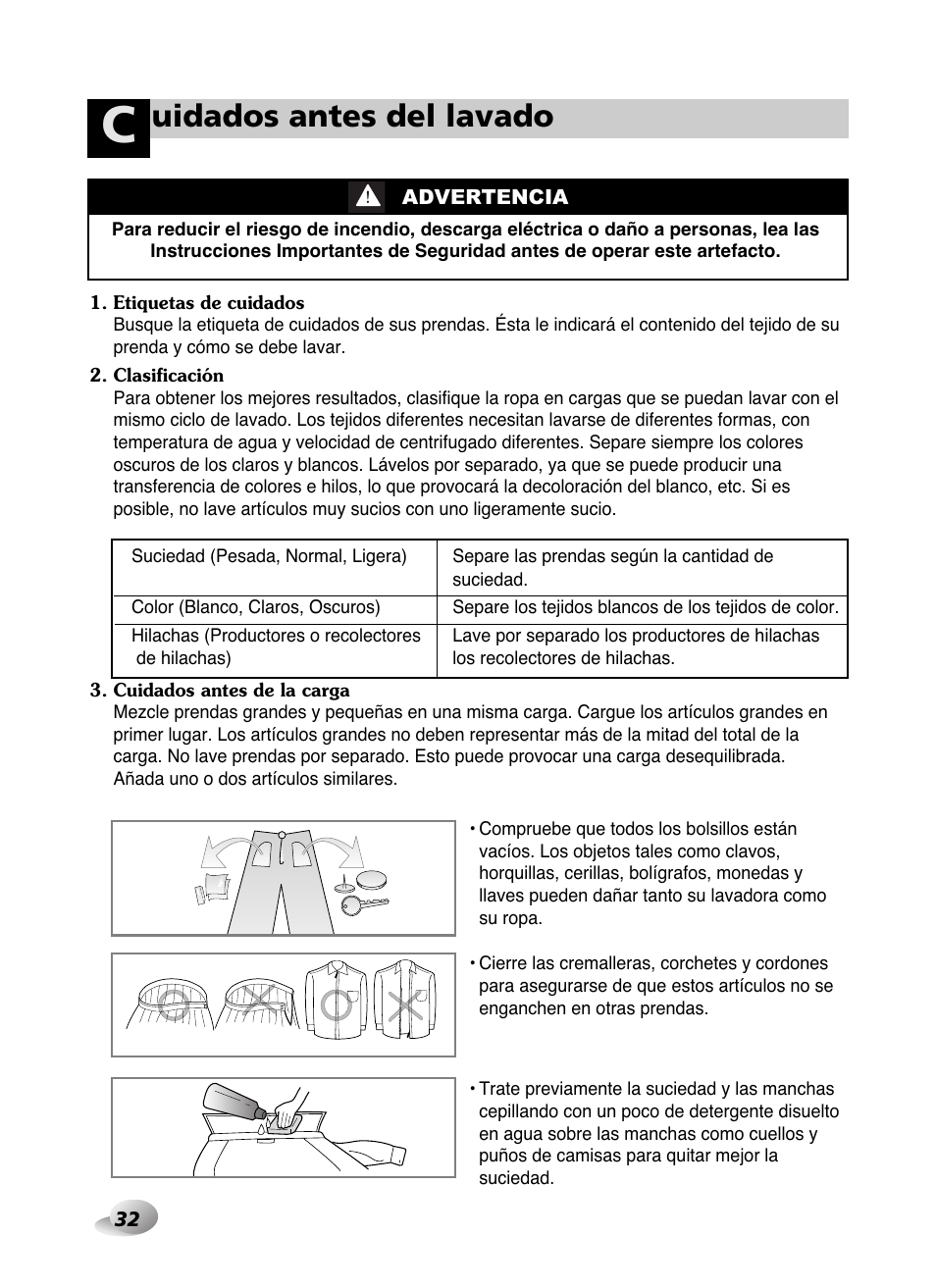 Uidados antes del lavado | LG WD-10587BD User Manual | Page 32 / 48