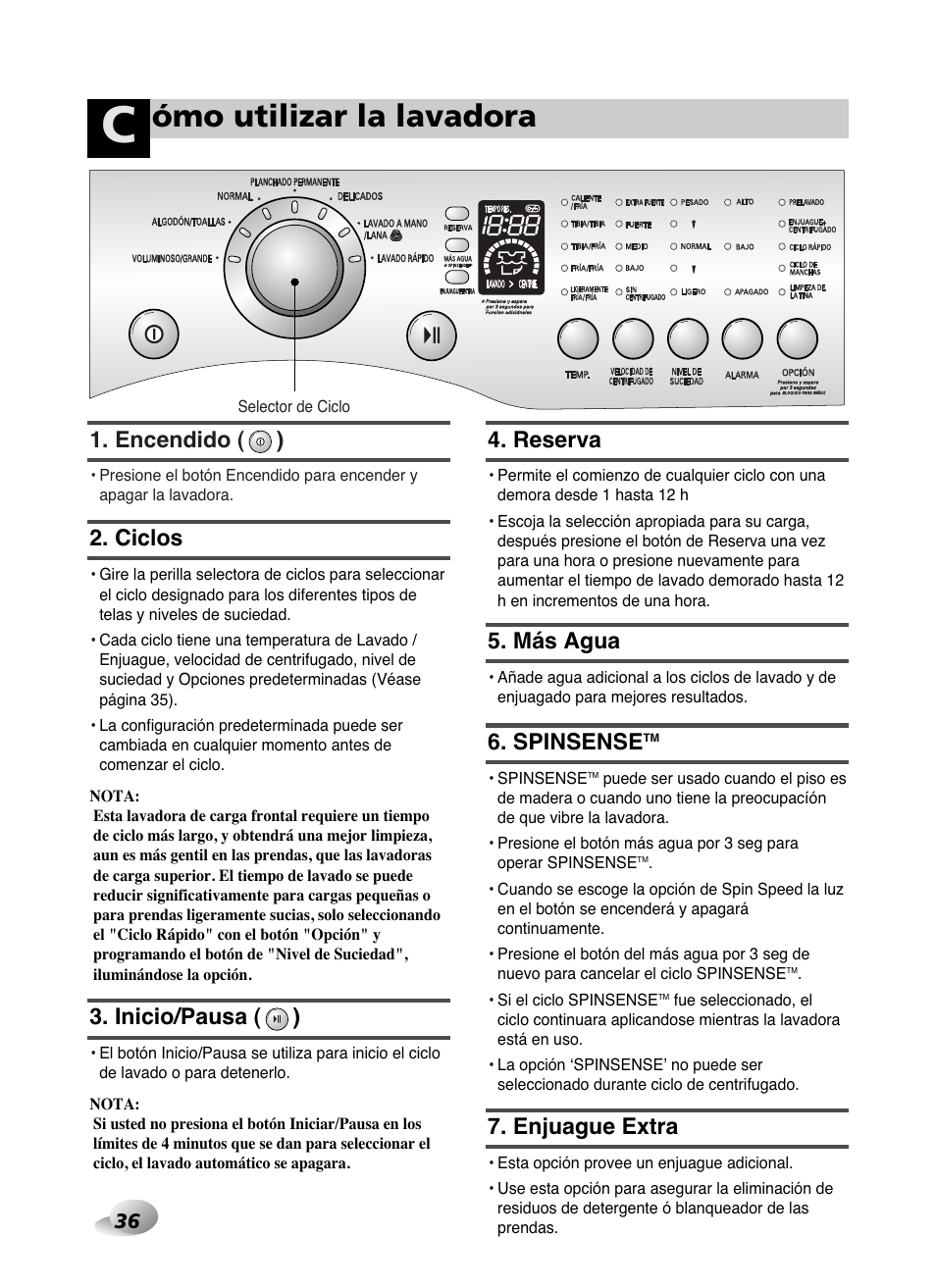 Ómo utilizar la lavadora, Encendido ( ), Reserva | Más agua, Spinsense, Enjuague extra, Ciclos, Inicio/pausa ( ) | LG WD-10587BD User Manual | Page 36 / 48