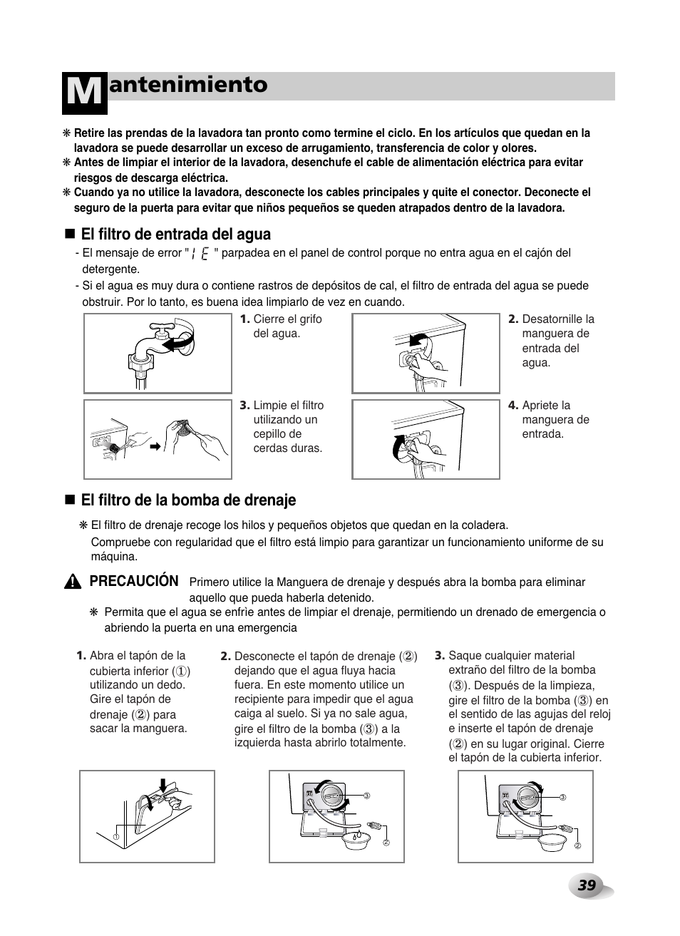 Antenimiento, El filtro de entrada del agua, El filtro de la bomba de drenaje | Precaución | LG WD-10587BD User Manual | Page 39 / 48