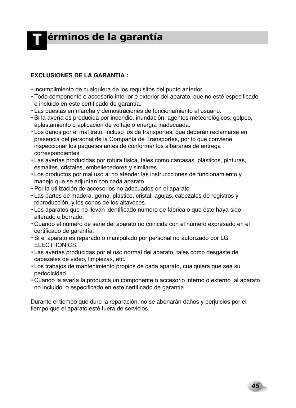 Érminos de la garantía | LG WD-10587BD User Manual | Page 45 / 48