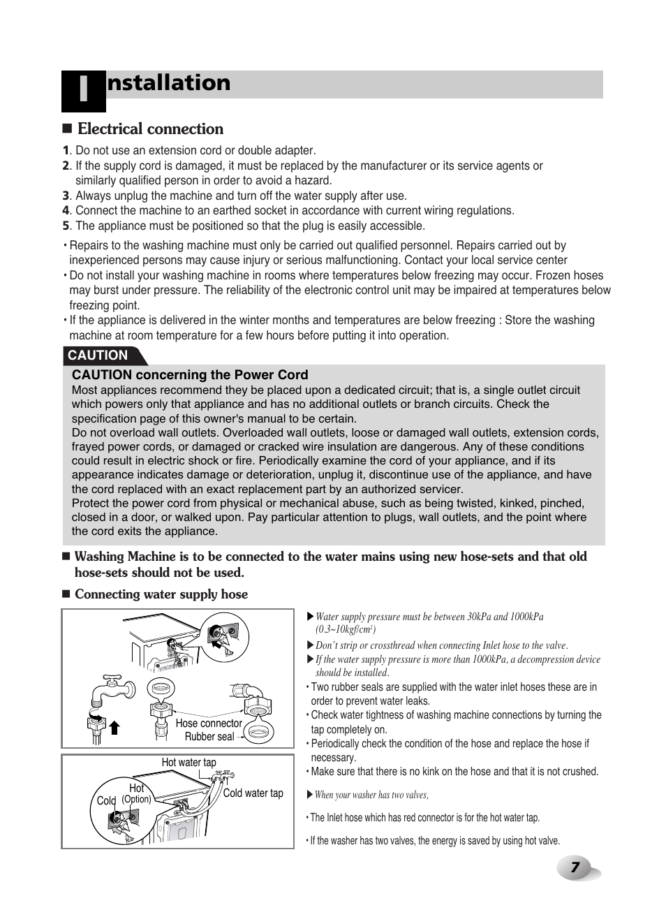 Nstallation, Electrical connection | LG WD-10587BD User Manual | Page 7 / 48