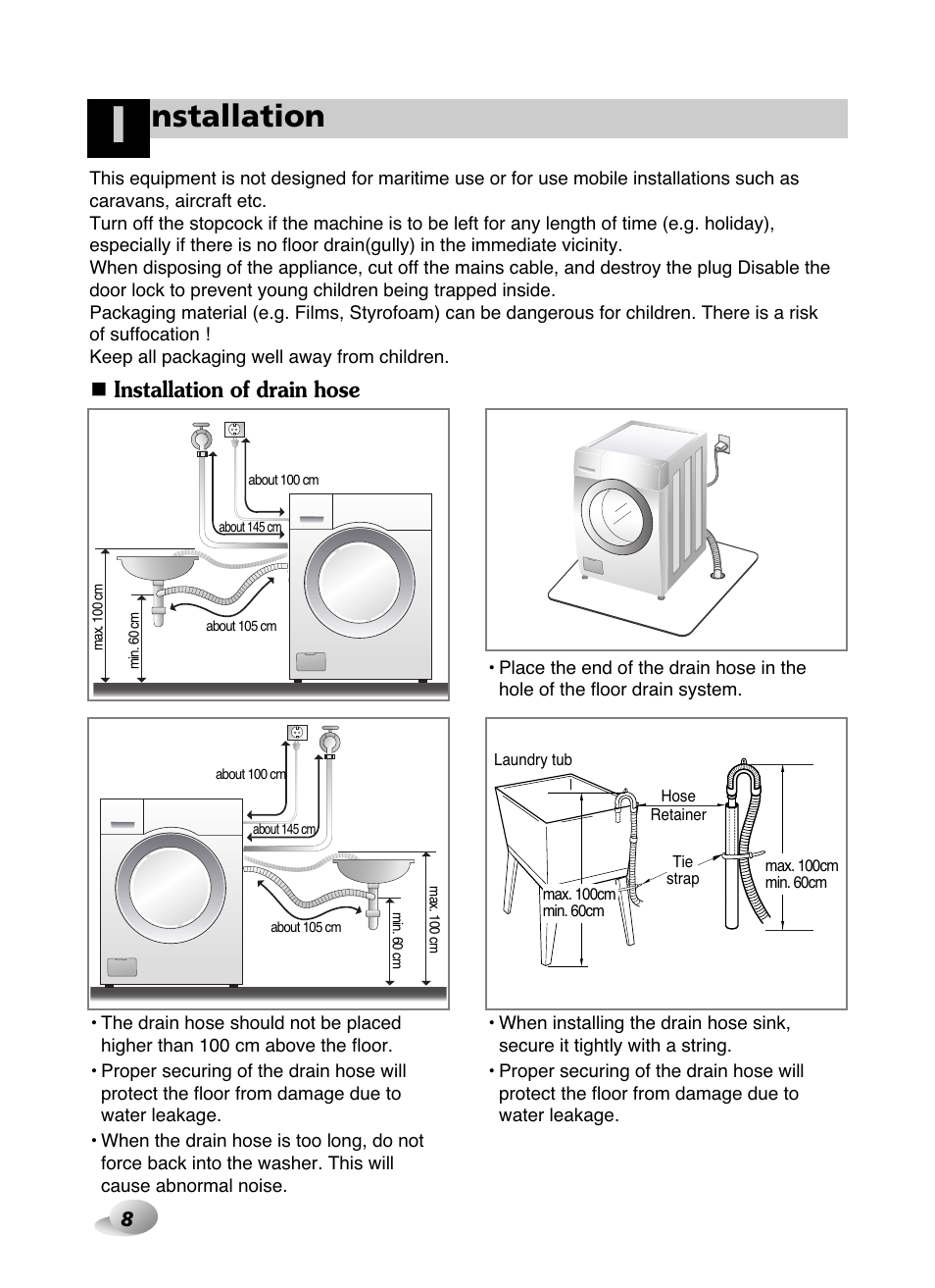 Nstallation, Installation of drain hose | LG WD-10587BD User Manual | Page 8 / 48