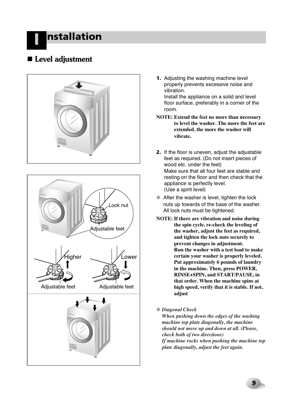 Nstallation, Level adjustment | LG WD-10587BD User Manual | Page 9 / 48