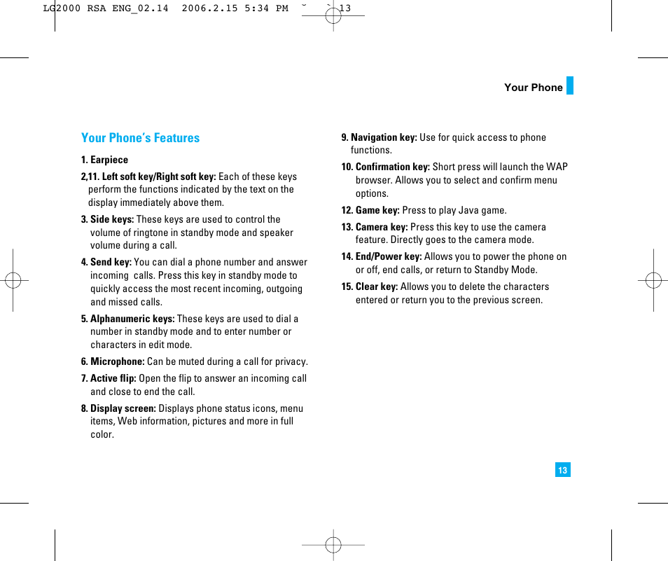 Your phone’s features | LG 2000 User Manual | Page 16 / 97