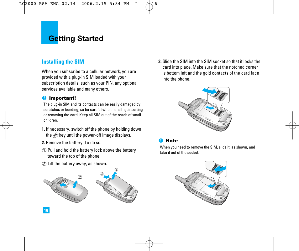 Getting started, Installing the sim | LG 2000 User Manual | Page 19 / 97