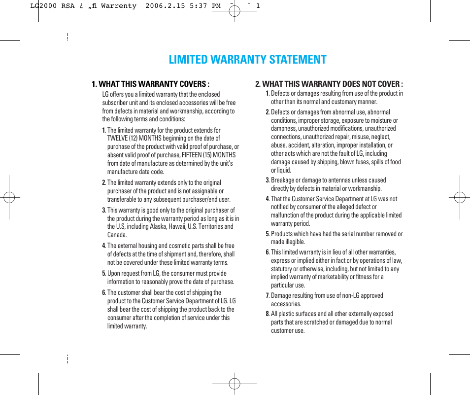 Limited warranty statement | LG 2000 User Manual | Page 2 / 97