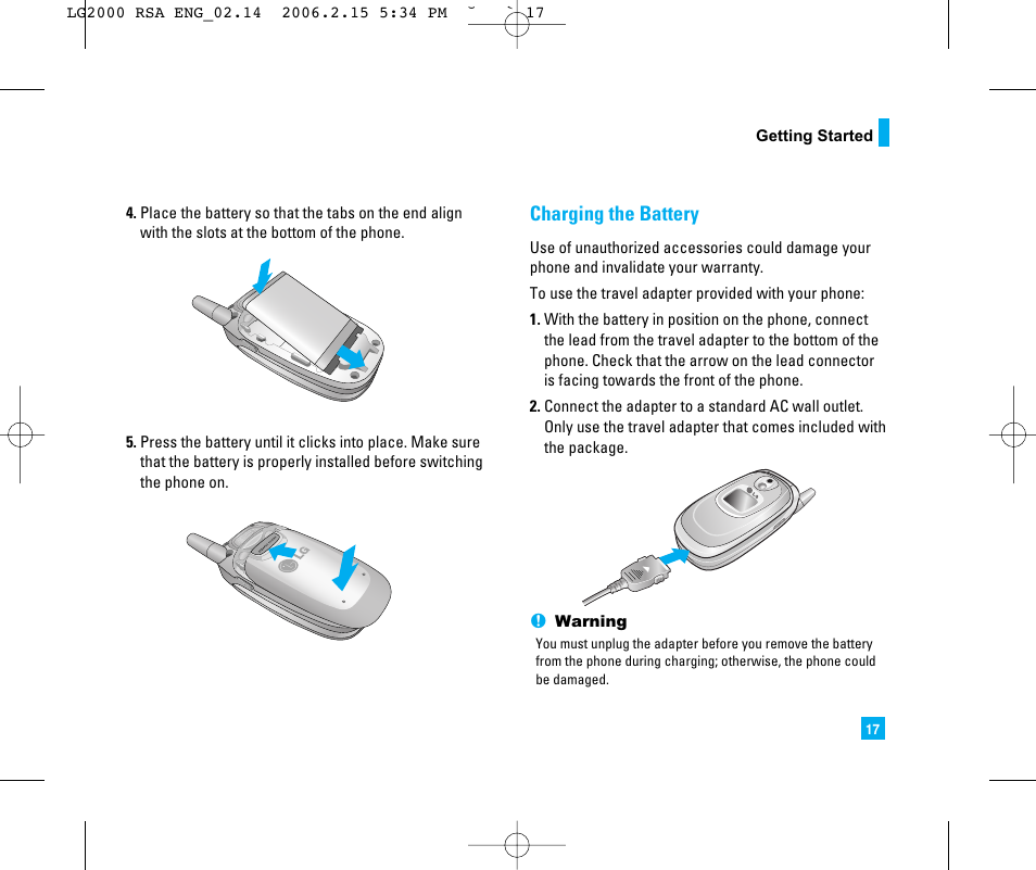 Charging the battery | LG 2000 User Manual | Page 20 / 97