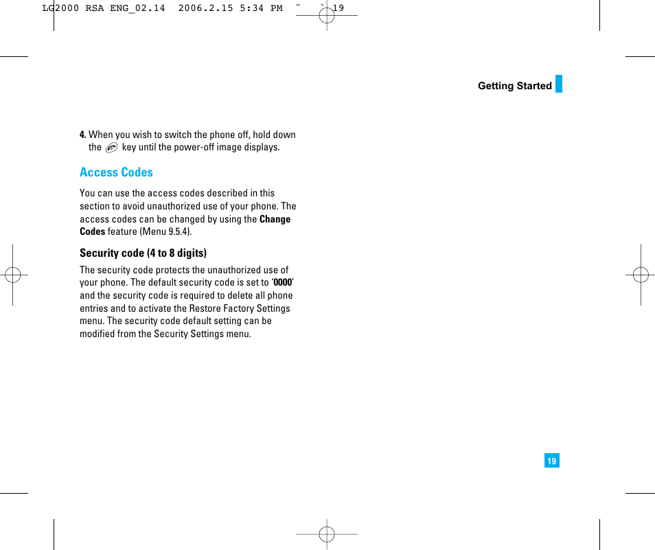 Access codes | LG 2000 User Manual | Page 22 / 97
