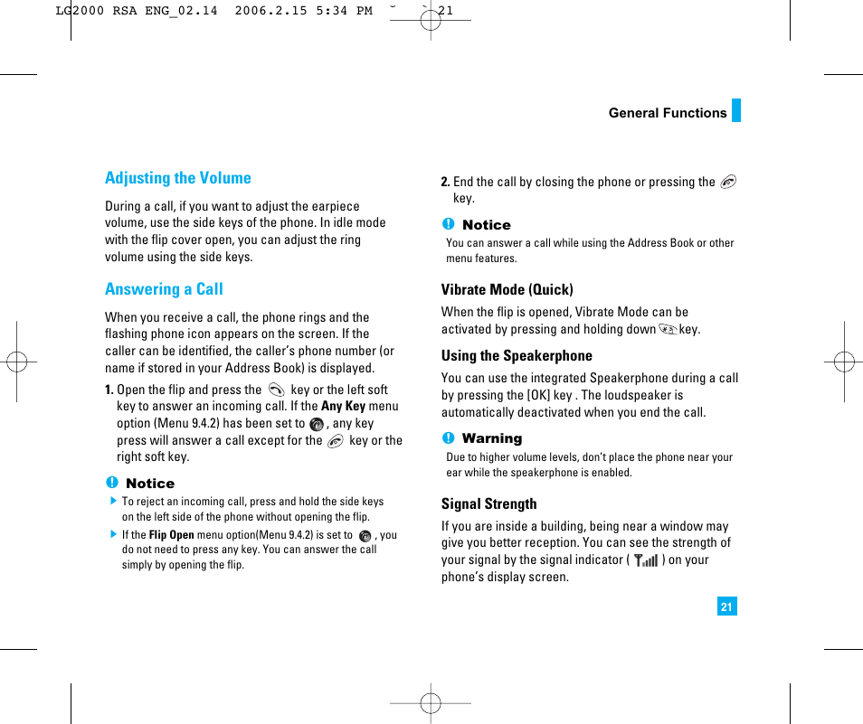 Adjusting the volume, Answering a call | LG 2000 User Manual | Page 24 / 97