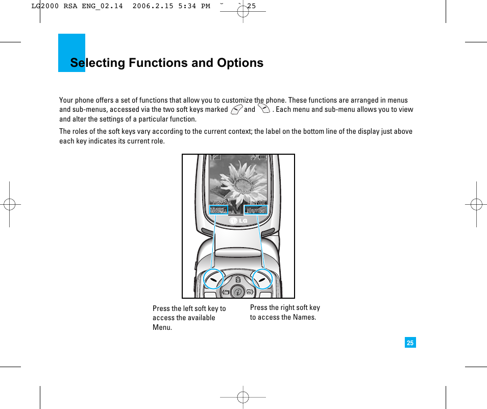 Selecting functions and options | LG 2000 User Manual | Page 28 / 97