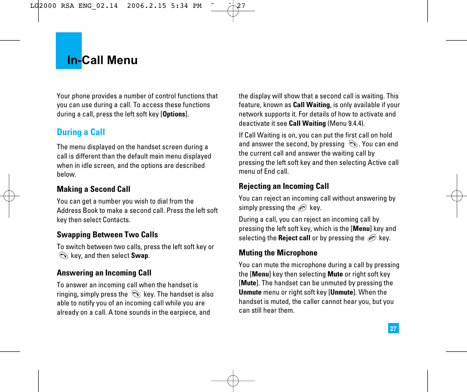 In-call menu | LG 2000 User Manual | Page 30 / 97