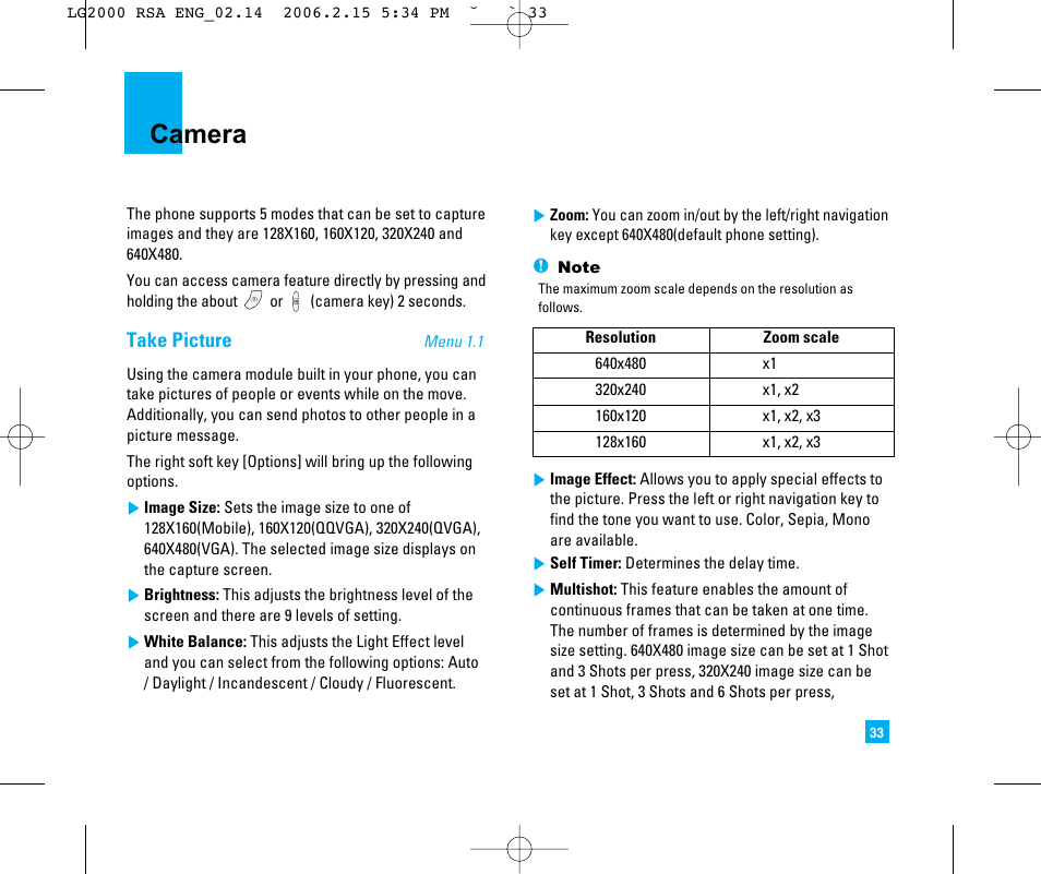 Camera, Take picture | LG 2000 User Manual | Page 36 / 97