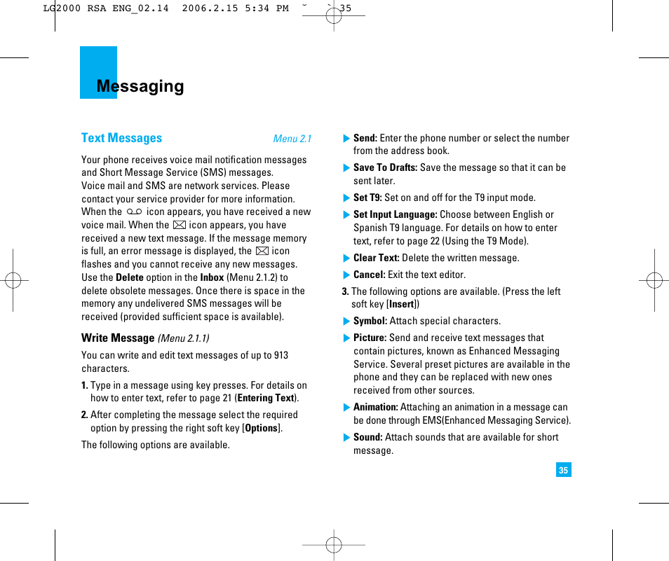 Messaging, Text messages | LG 2000 User Manual | Page 38 / 97