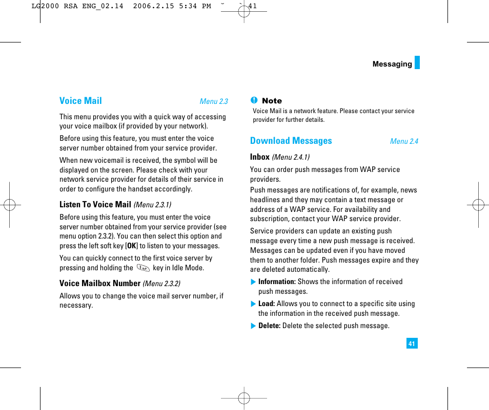 Voice mail, Download messages | LG 2000 User Manual | Page 44 / 97