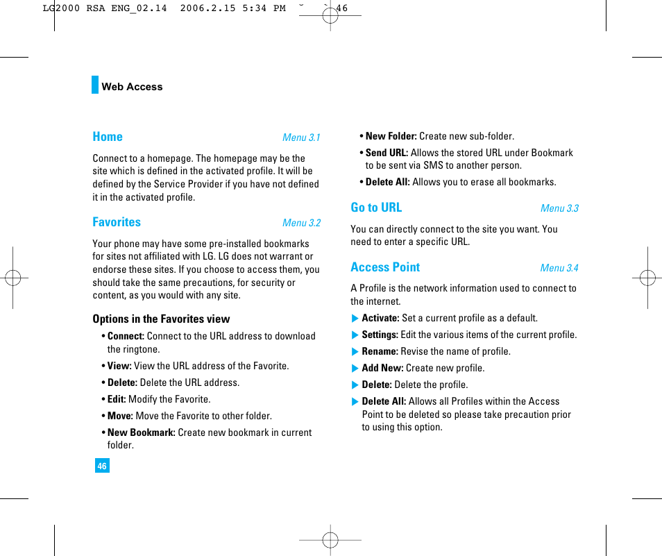 Home, Favorites, Go to url | Access point | LG 2000 User Manual | Page 49 / 97