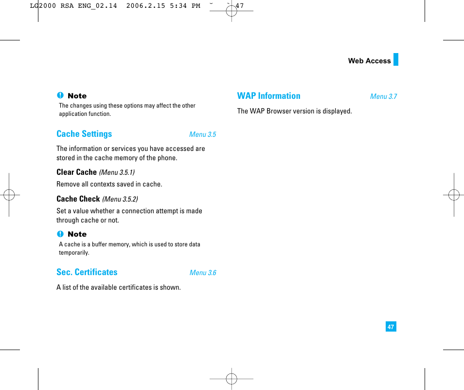 Cache settings, Sec. certificates, Wap information | LG 2000 User Manual | Page 50 / 97