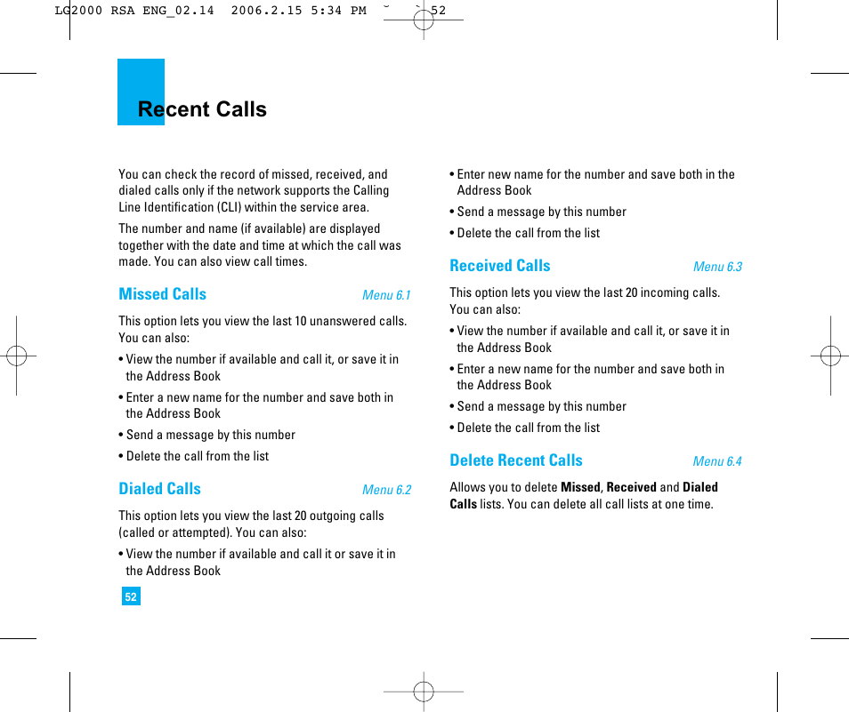 Recent calls | LG 2000 User Manual | Page 55 / 97