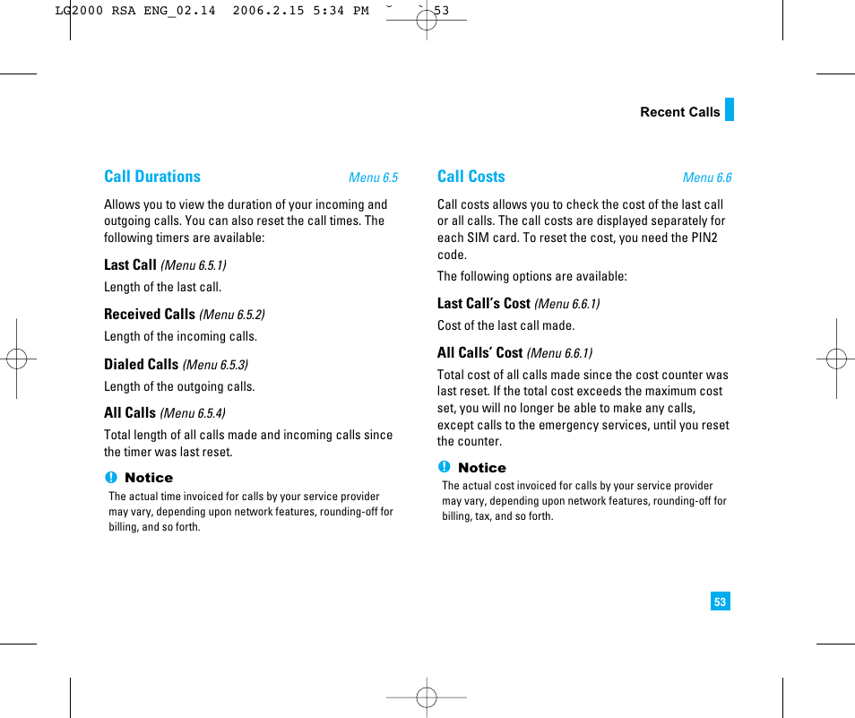 Call durations, Call costs | LG 2000 User Manual | Page 56 / 97