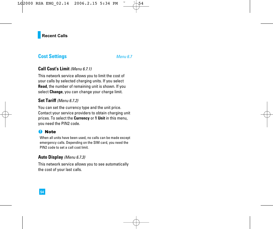 Cost settings | LG 2000 User Manual | Page 57 / 97