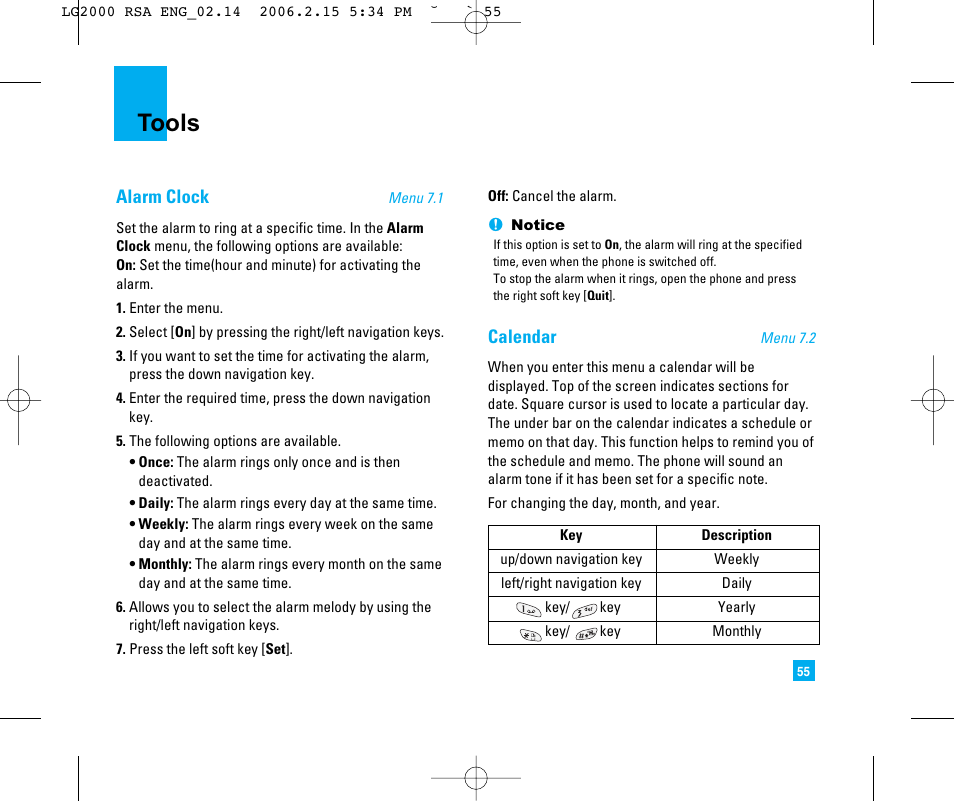 Tools, Alarm clock, Calendar | LG 2000 User Manual | Page 58 / 97