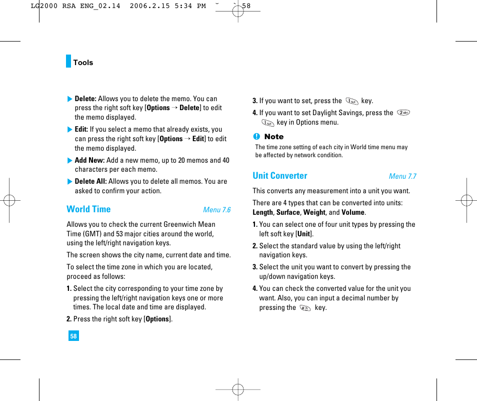 World time, Unit converter | LG 2000 User Manual | Page 61 / 97