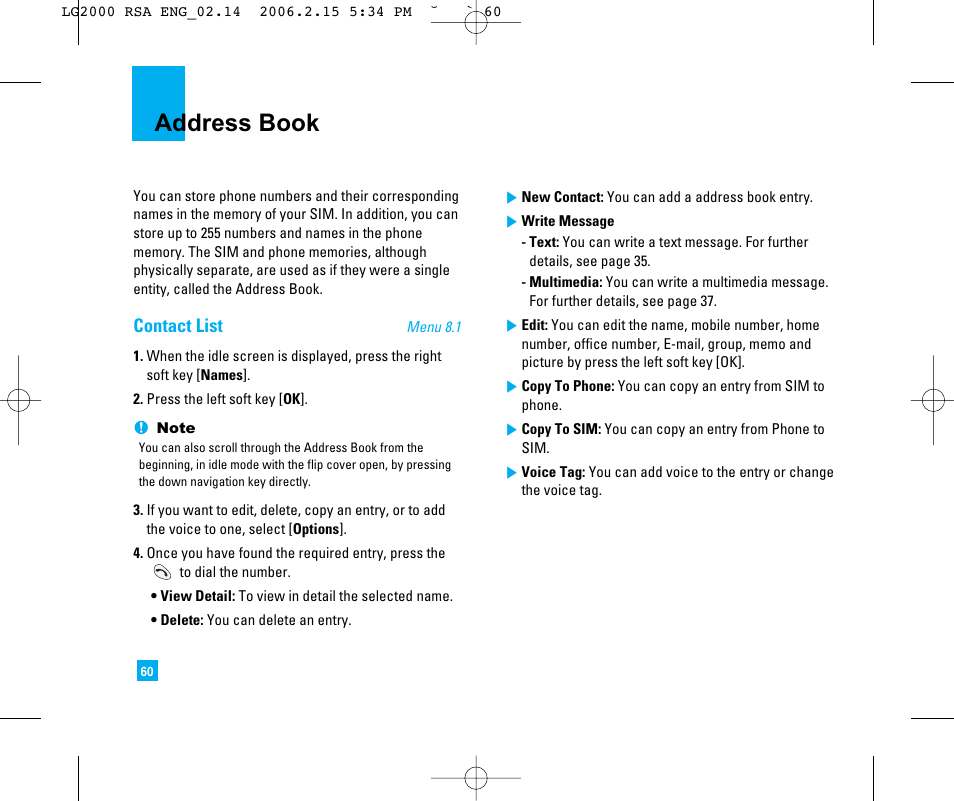 Address book, Contact list | LG 2000 User Manual | Page 63 / 97