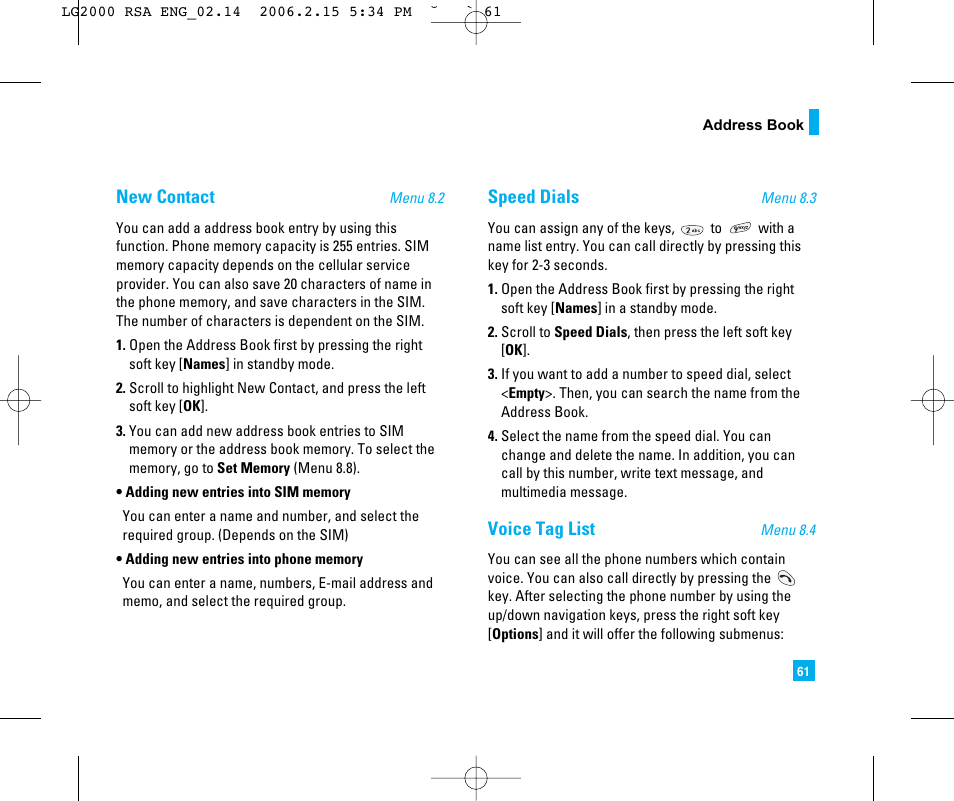 New contact, Speed dials, Voice tag list | LG 2000 User Manual | Page 64 / 97