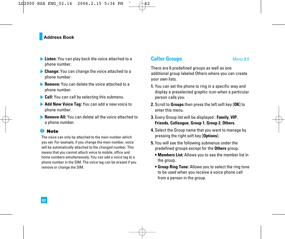 Caller groups | LG 2000 User Manual | Page 65 / 97