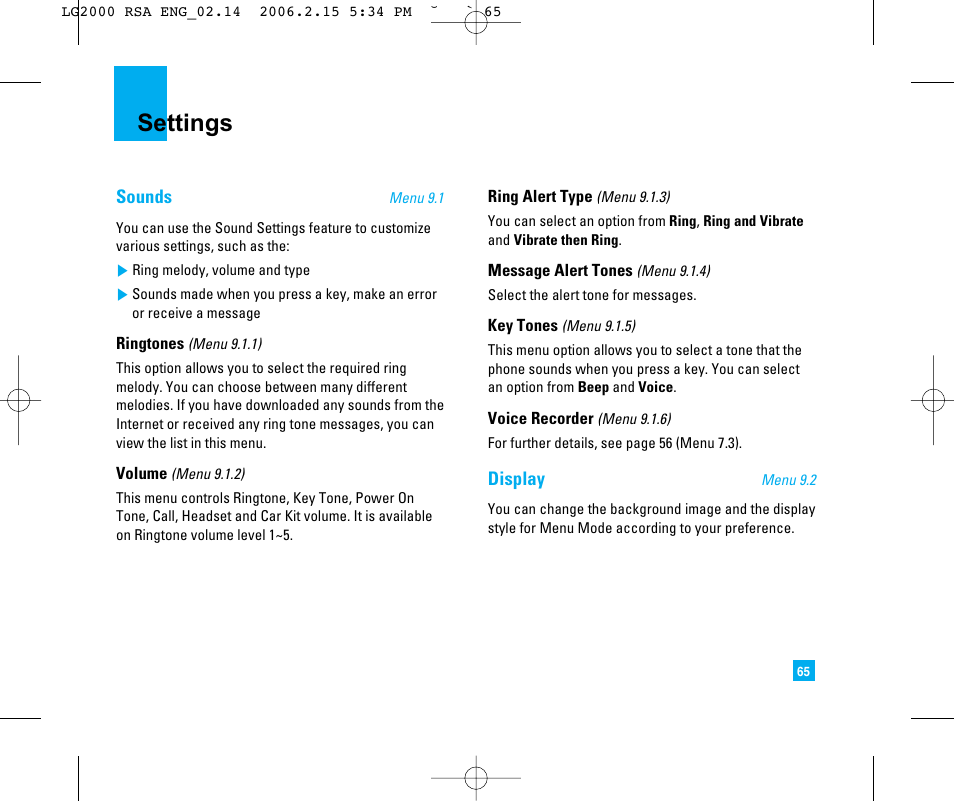 Settings | LG 2000 User Manual | Page 68 / 97