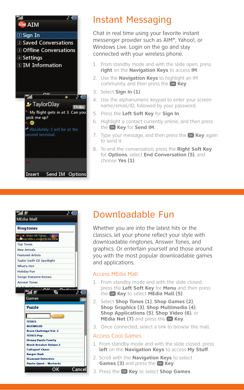 Instant messaging, Downloadable fun | LG CF360 User Manual | Page 11 / 16