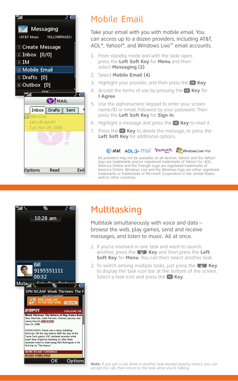 Mobile email, Multitasking | LG CF360 User Manual | Page 13 / 16