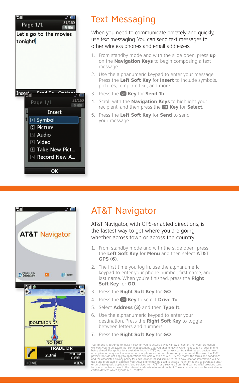 Text messaging, At&t navigator | LG CF360 User Manual | Page 14 / 16