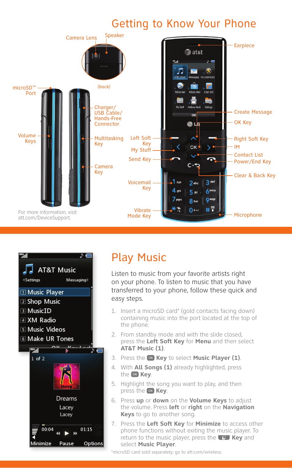 Play music, Getting to know your phone | LG CF360 User Manual | Page 2 / 16