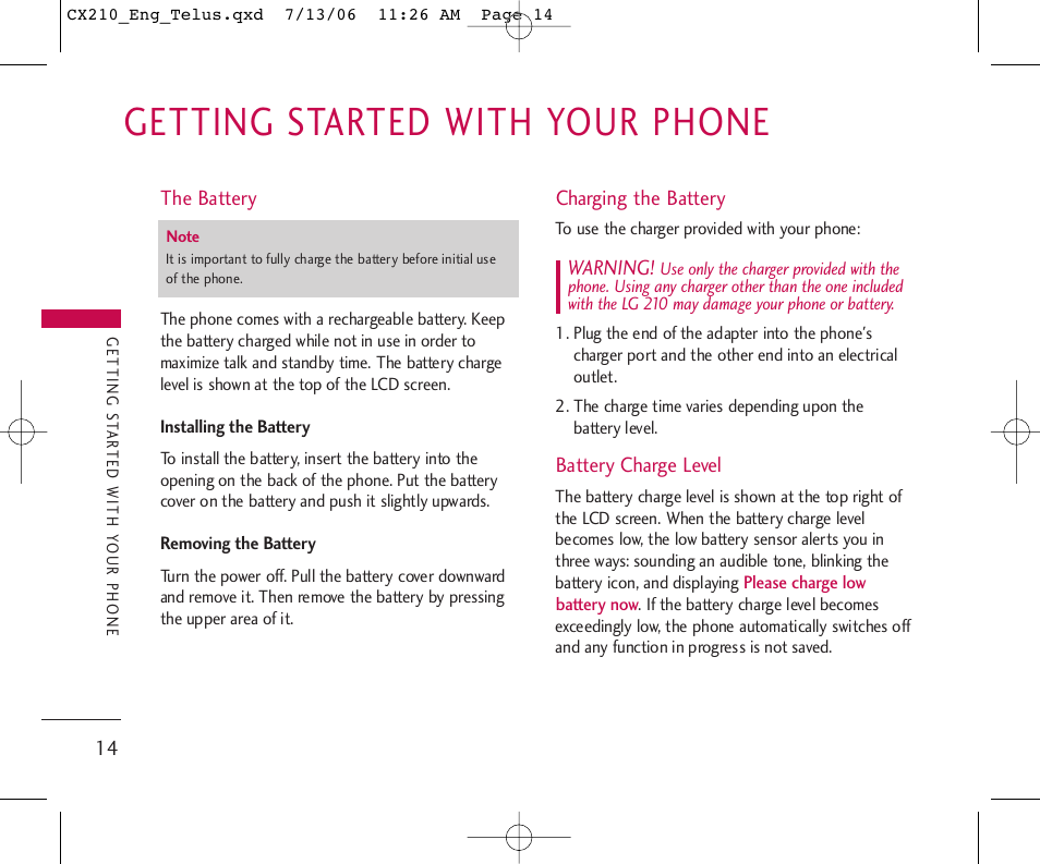 Getting started with your phone | LG 210 User Manual | Page 15 / 72
